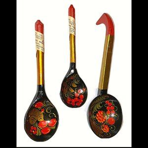 Vintage Spoons Russian Khokhloma (Lot of 3) Ladle Wooden Black Lacquer Red Gold